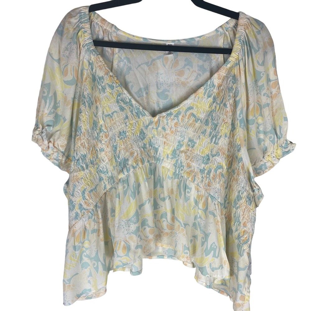 BP. Babydoll Shirred Floral Print Crop Top Blouse Teal Ivory Women's 3X NWT